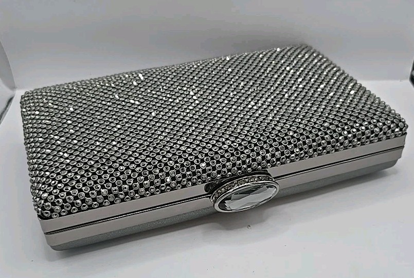 Signature Club A Jeweled Evening Bag Silver Clutch Purse w/Shoulder Chain Strap