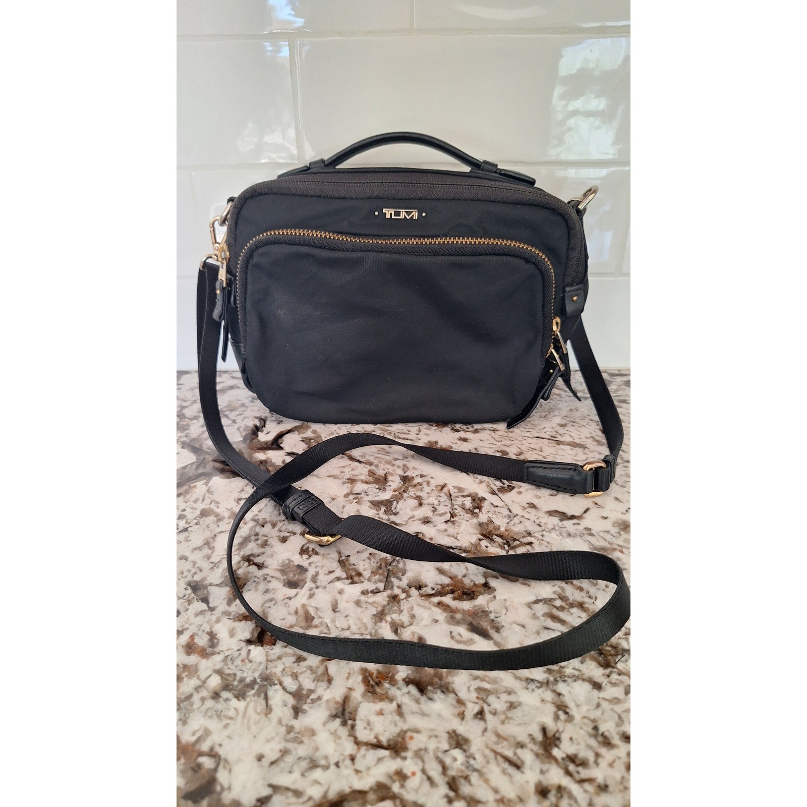 TUMI Voyageur Troy Crossbody Bag Black Nylon Gold Hardware Travel Handbag