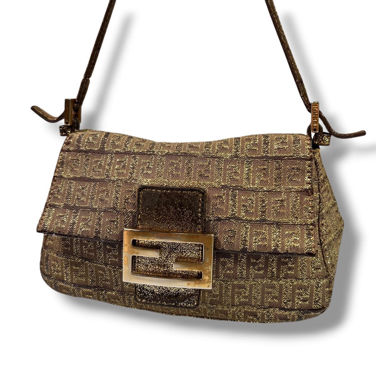 FENDI Mamma Baguette Zucca Canvas Gold Shoulder Bag FF Logo Vintage Auth