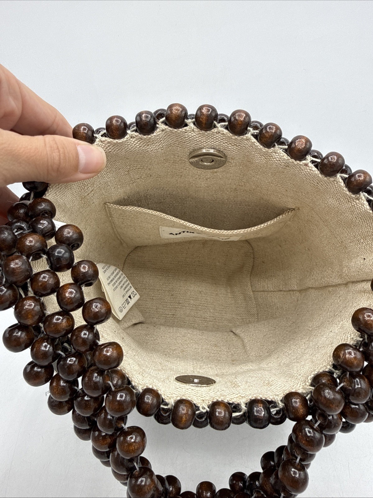 Antik Batik Bag Billie – Handcrafted Wooden Bead Bucket Bag Brown NWT Wood Beads
