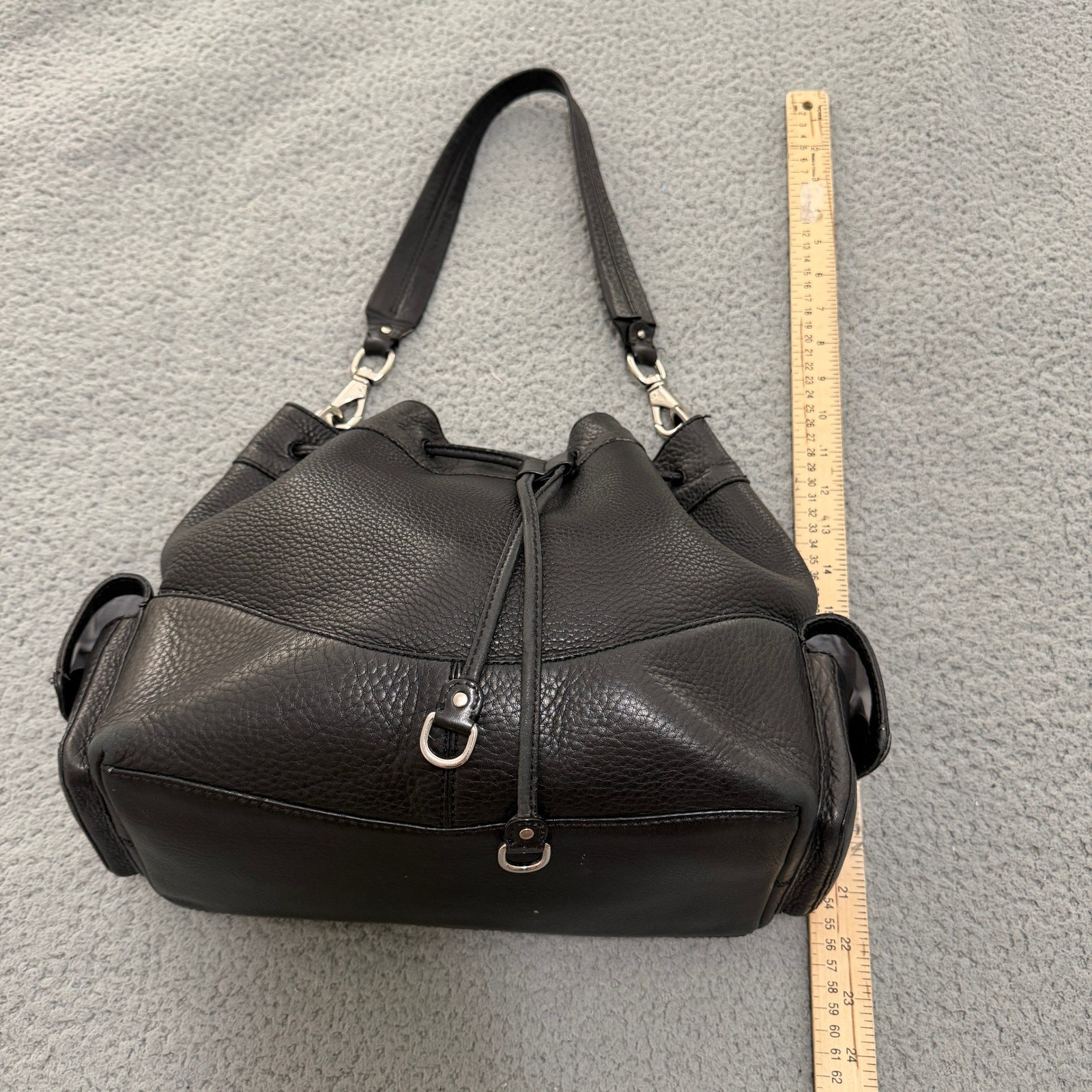 Cole Haan Black Pebbled Leather Drawstring Bucket Bag Shoulder Purse Silver HW