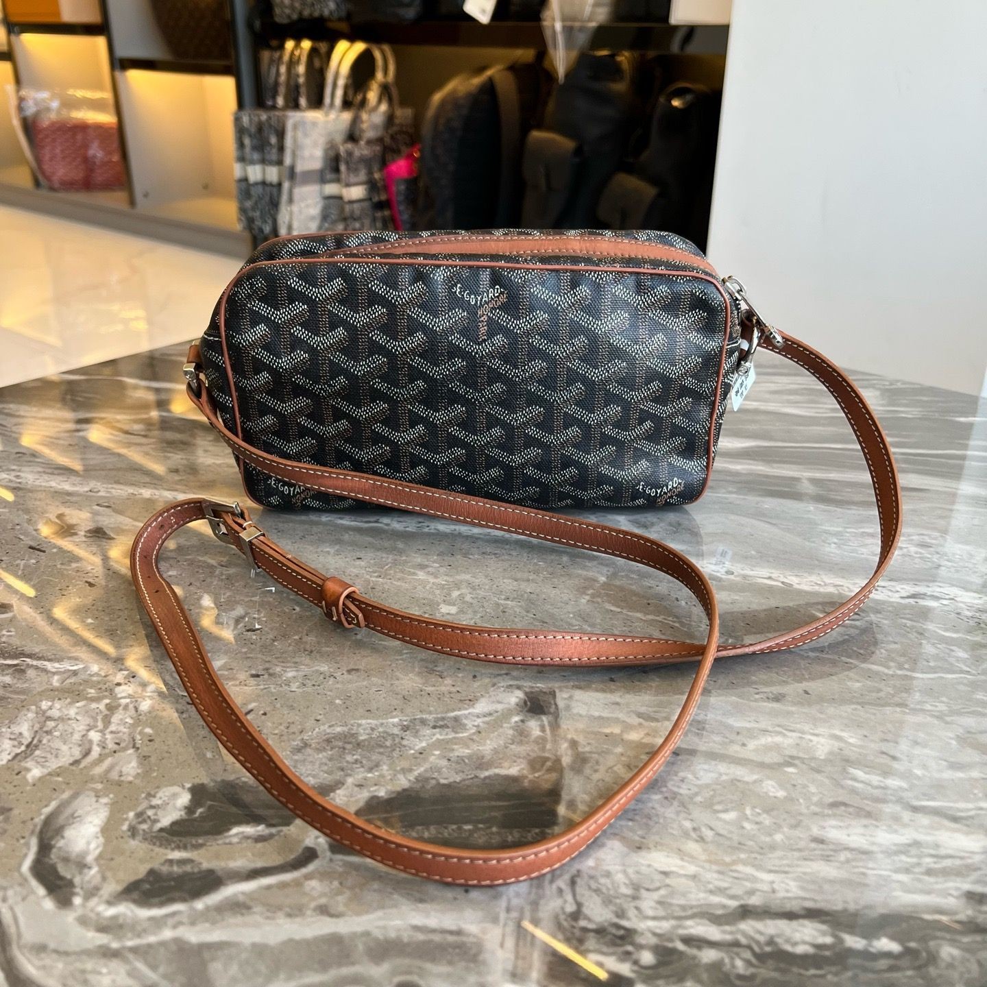 100%AUTH Goyard Cap-Vert Black Brown Goyardine Canvas Crossbody Camera Bag Small
