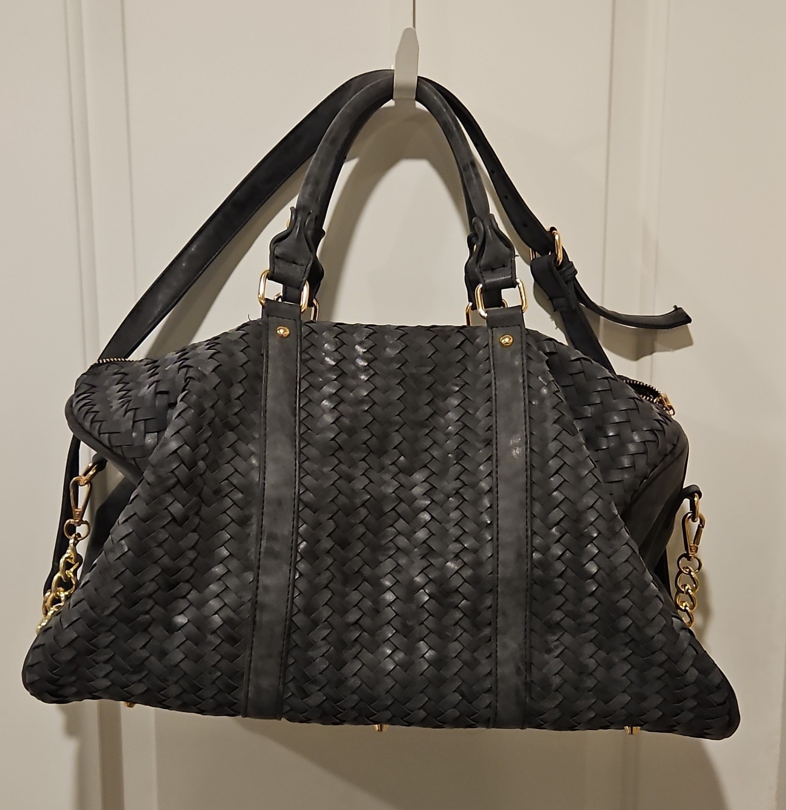 Madison West Black Woven Satchel Top Handle Zip Gold Hardware Detachable Strap