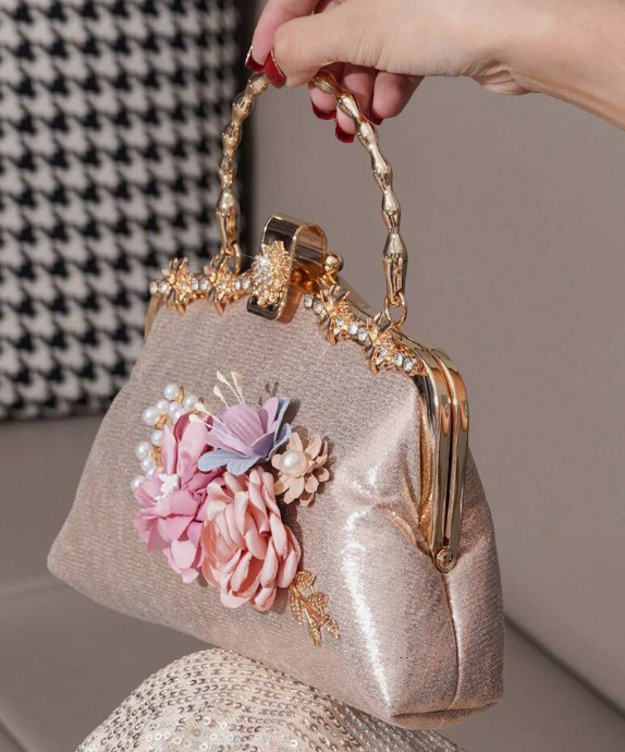 EVENING BAG-Rhinestone, Faux Pearl, and Fabric Florals with Decorated Metal Hand