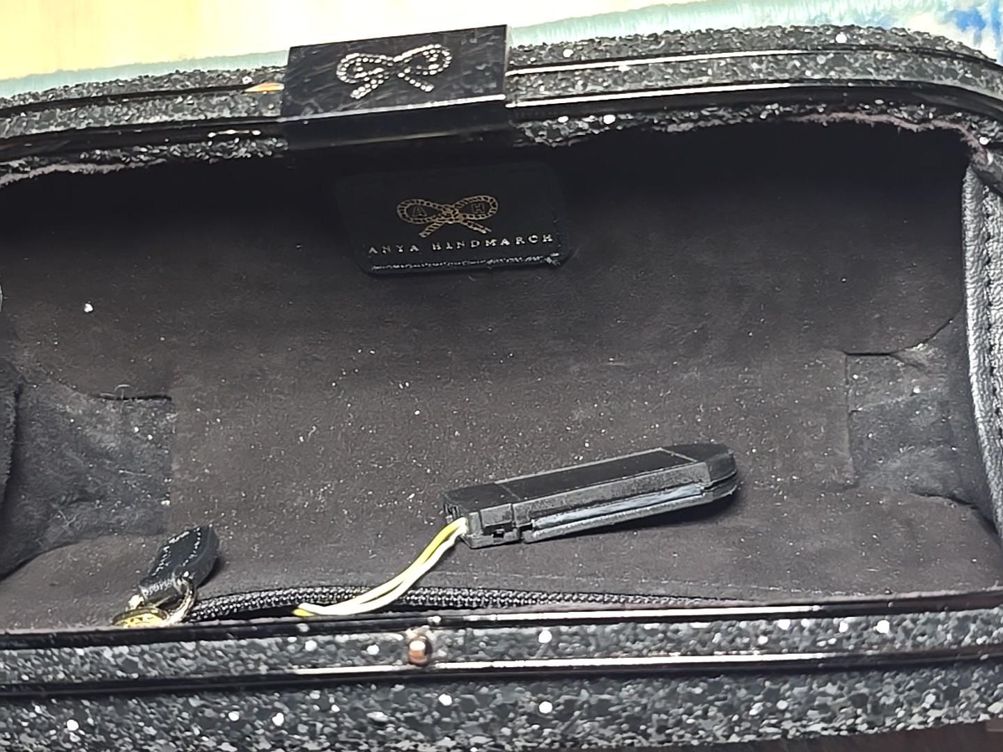 Anya Hindmarch Marano Dancer Black Glitter Clutch 8″ x 4″ x 1.75″ Read**