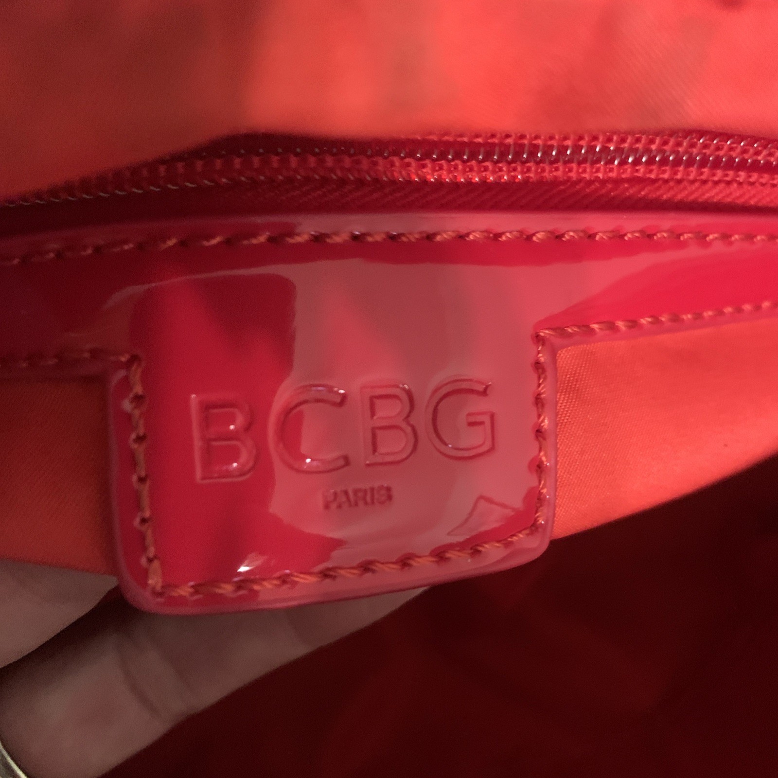BCBG Red Patent Faux Leather Dome W/ Gold Hardware Handles Satchel Preppy