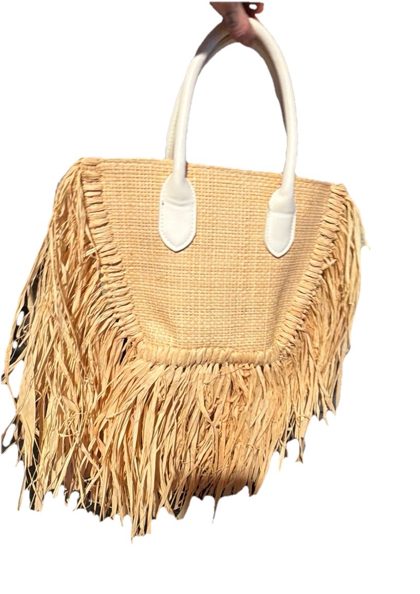 Melie Bianco Beige Fringe Tote Zip Closure Detachable Strap Gold Hardware