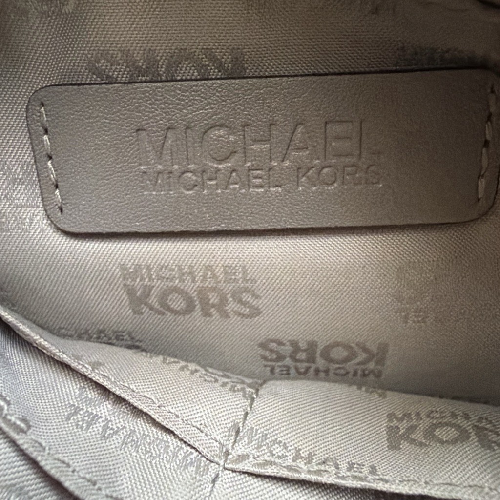Michael Kors Beige Fringe Studded Shoulder Bag Zip Top Charm Gold Hardware