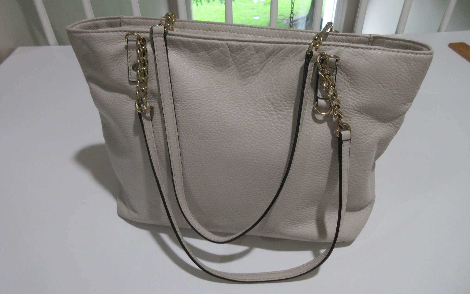 16″ Michael Kors Oatmeal Beige Pebbled Leather Tote Bag Shoulder Chain ZIPPER