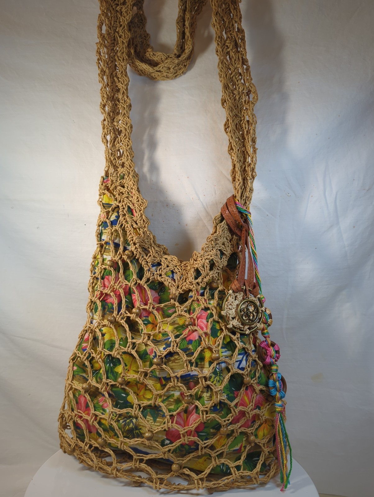 Raffia Weave Cotton Lined Crossbody Bag Charms Boho Hippie Slouchy Sling Purse