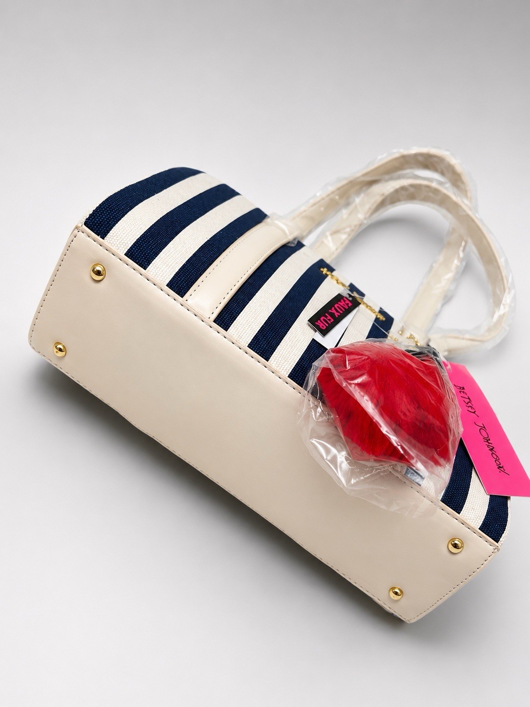 Betsey Johnson | Navy/White Striped Shoulder Bag w/ Cherry Charm Zip
