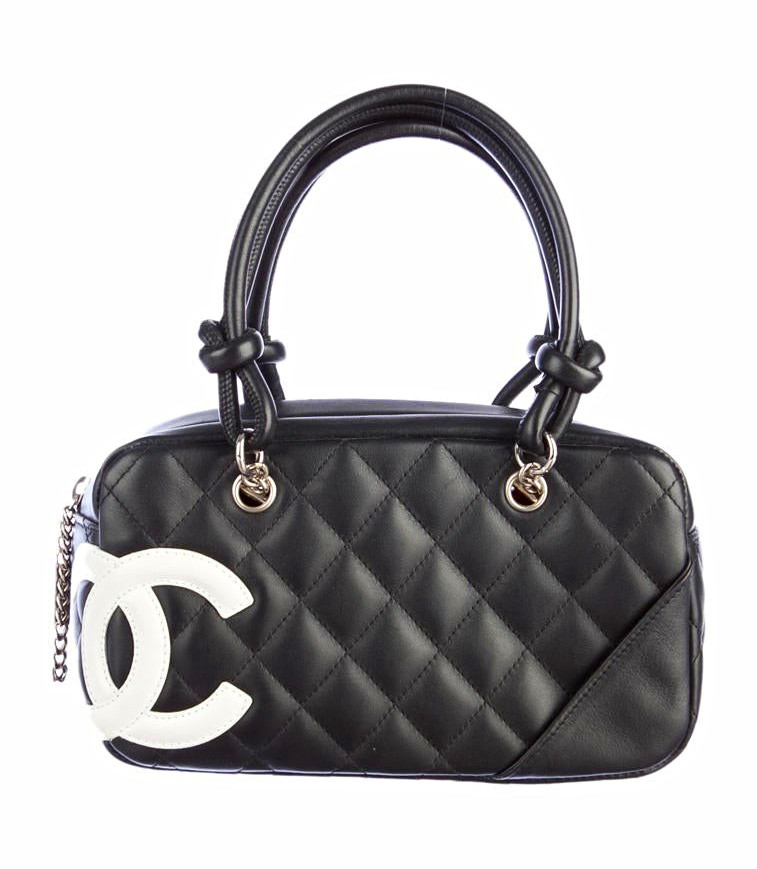 CHANEL Calfskin Quilted Small Cambon Bowler Bag in Black with White CC Logo