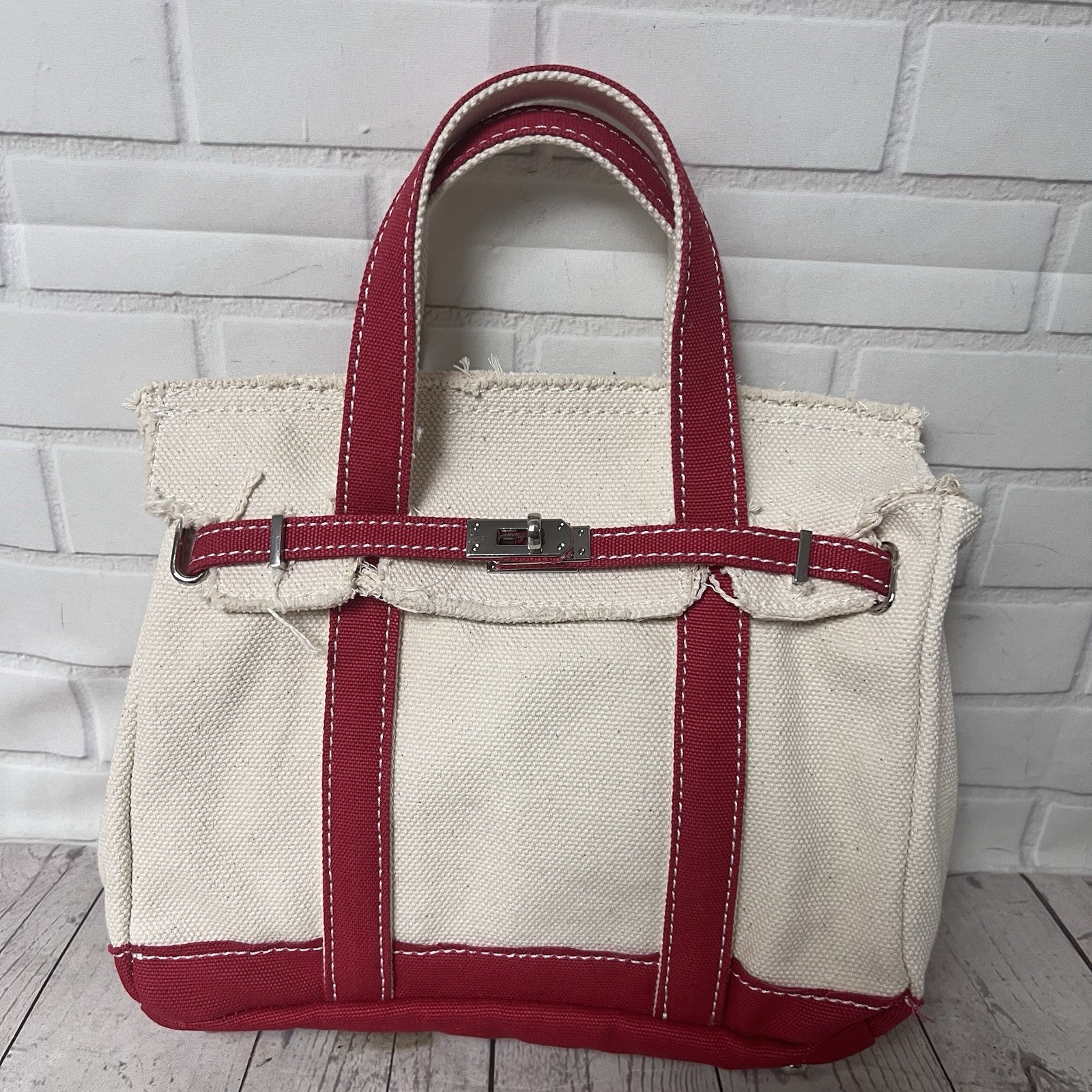 Sunwin Mini Cream Red Canvas Tote Bag NWOT Raw Edge Satchel Boatkin Small Purse