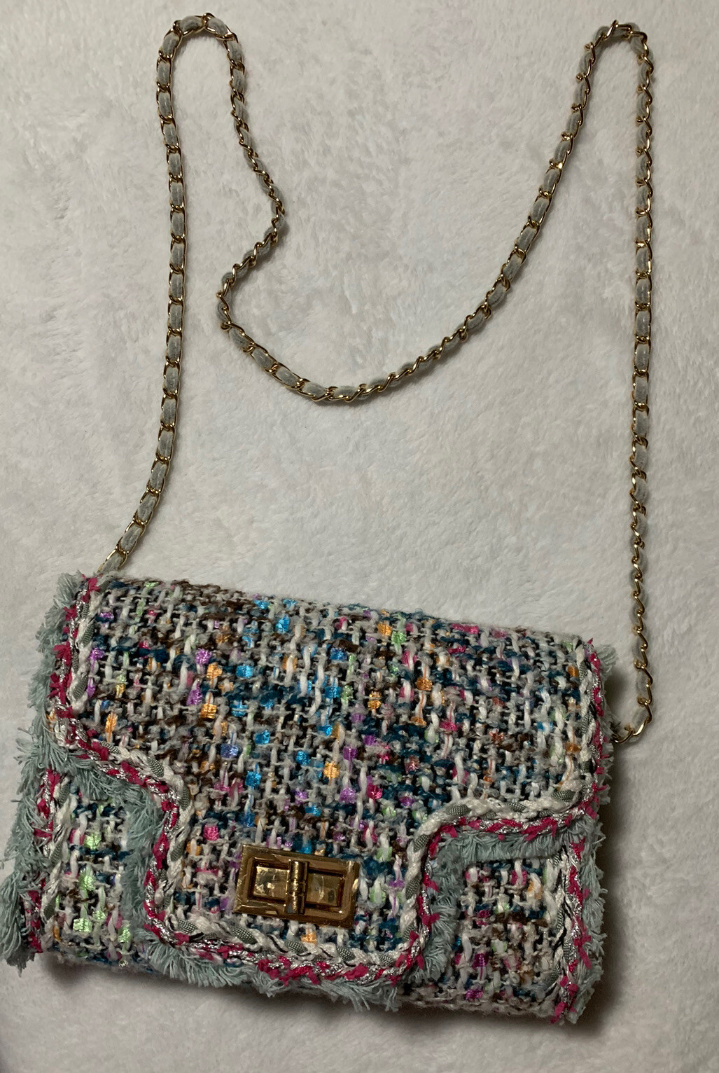 Cristina Sabatini Pastel Tweed Wool Handbag with Velour Gold Chain