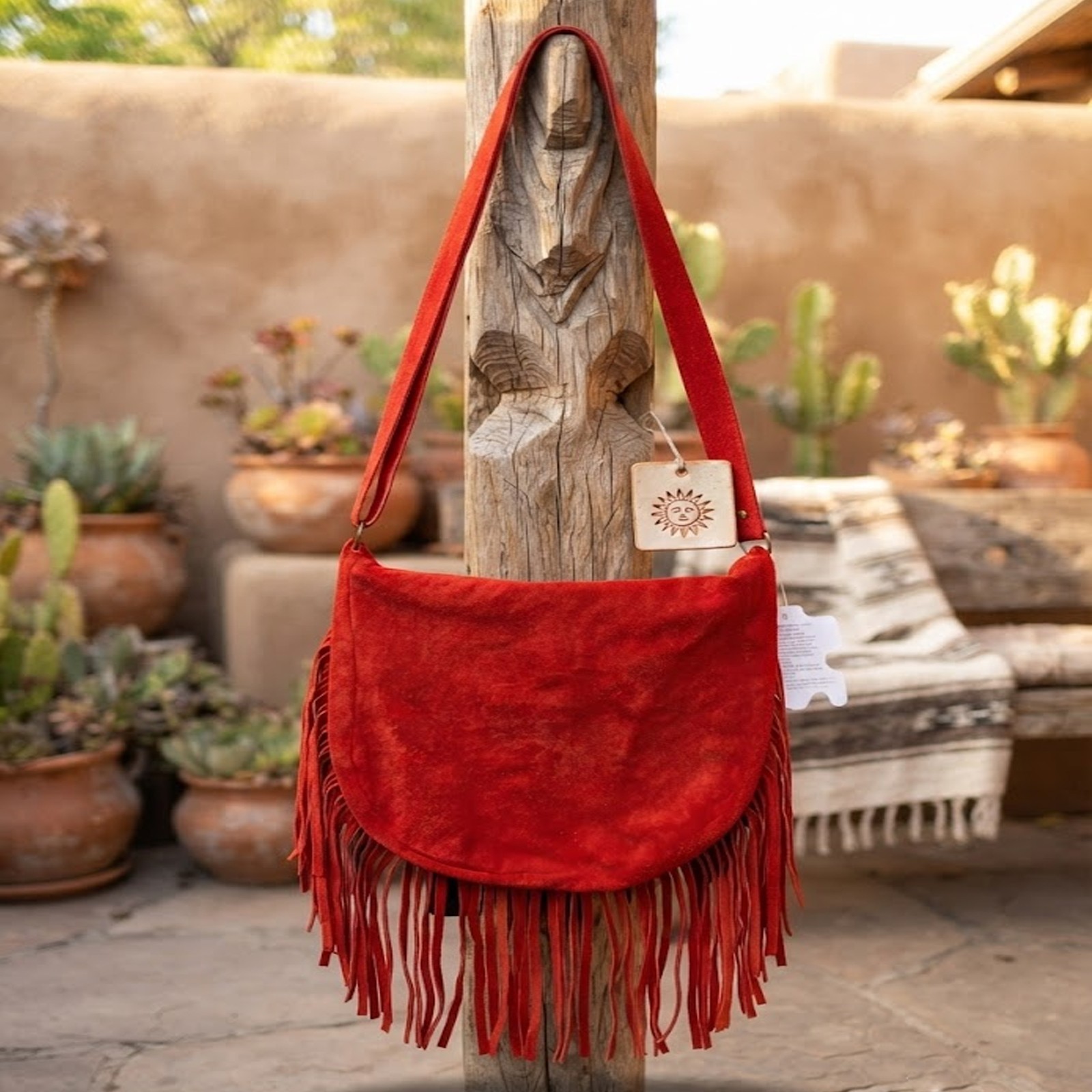 Red Suede Leather Fringe Boho Bag Western Crossbody Embroided Purse for Women’s