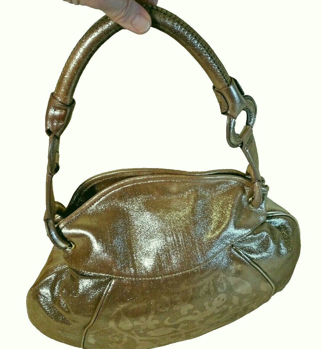 DAVID AND SCOTT: CHAMPAGNE GOLD VEGAN MICROFIBER SATCHEL. ORG:$250 SALE $129 NEW