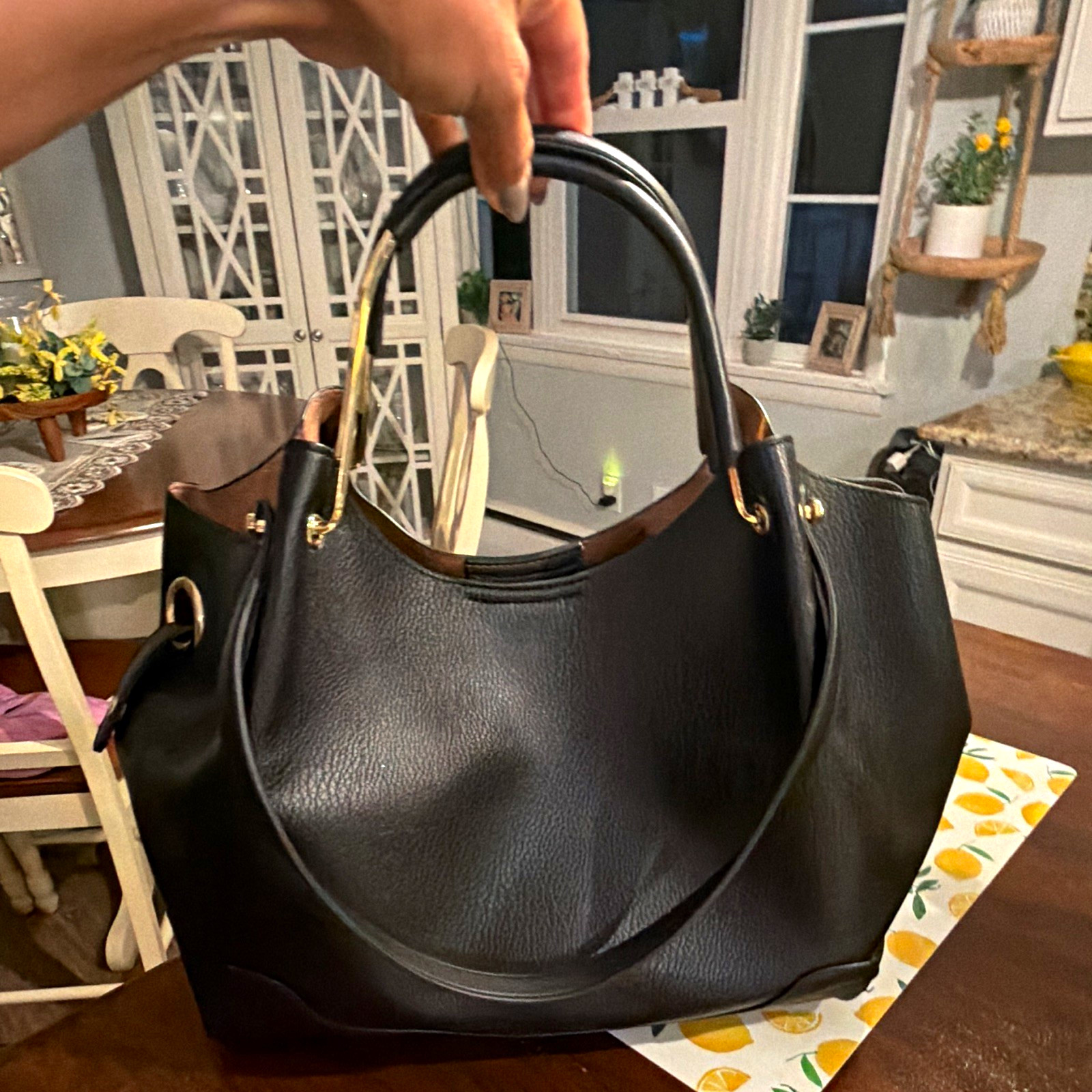 Women’s Black Pebbled Satchel Top Handle Bag Zip Closure Double Handles Gold