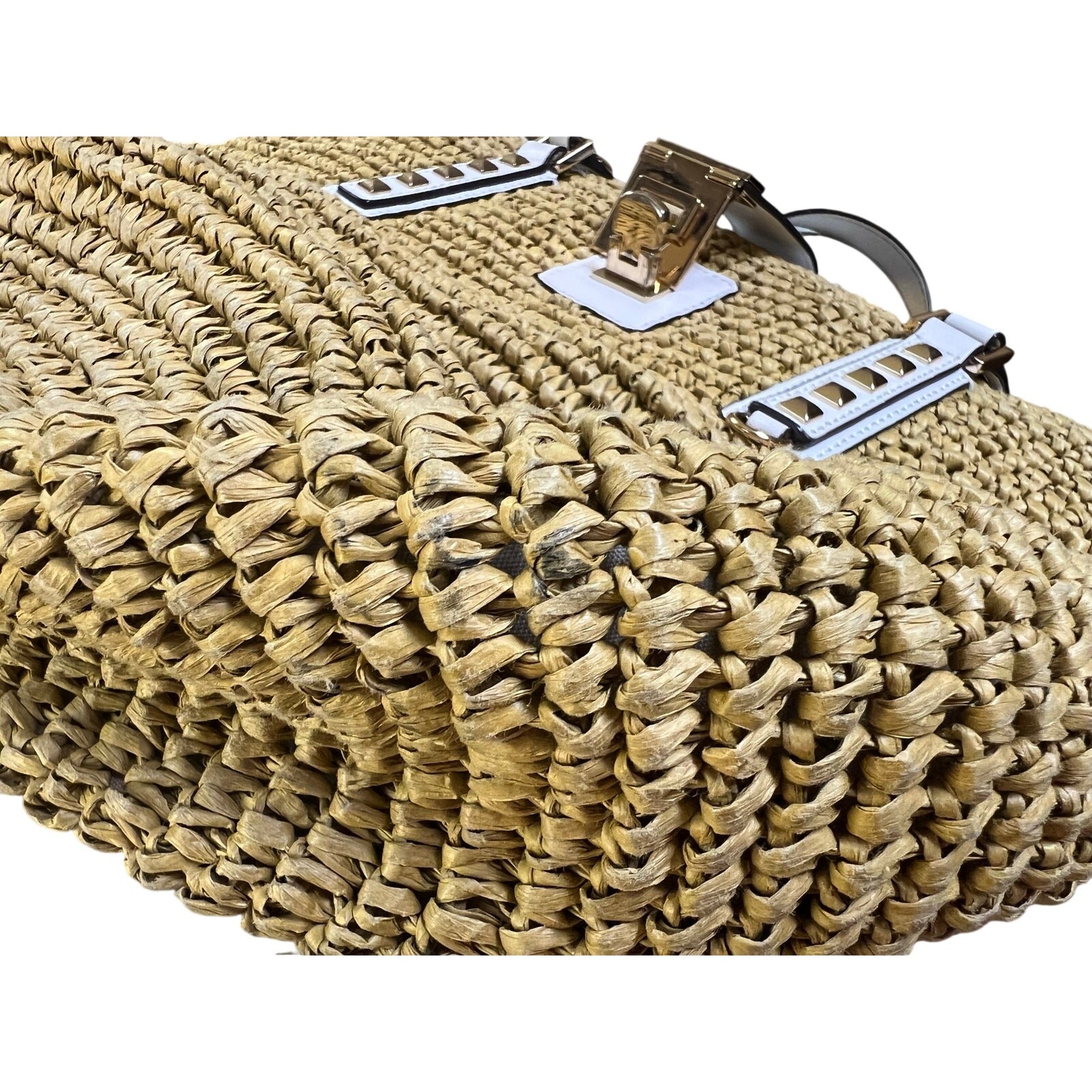 Michael Kors Beachy Casual Raffia White Leather Tote Shoulder Bag Handbag