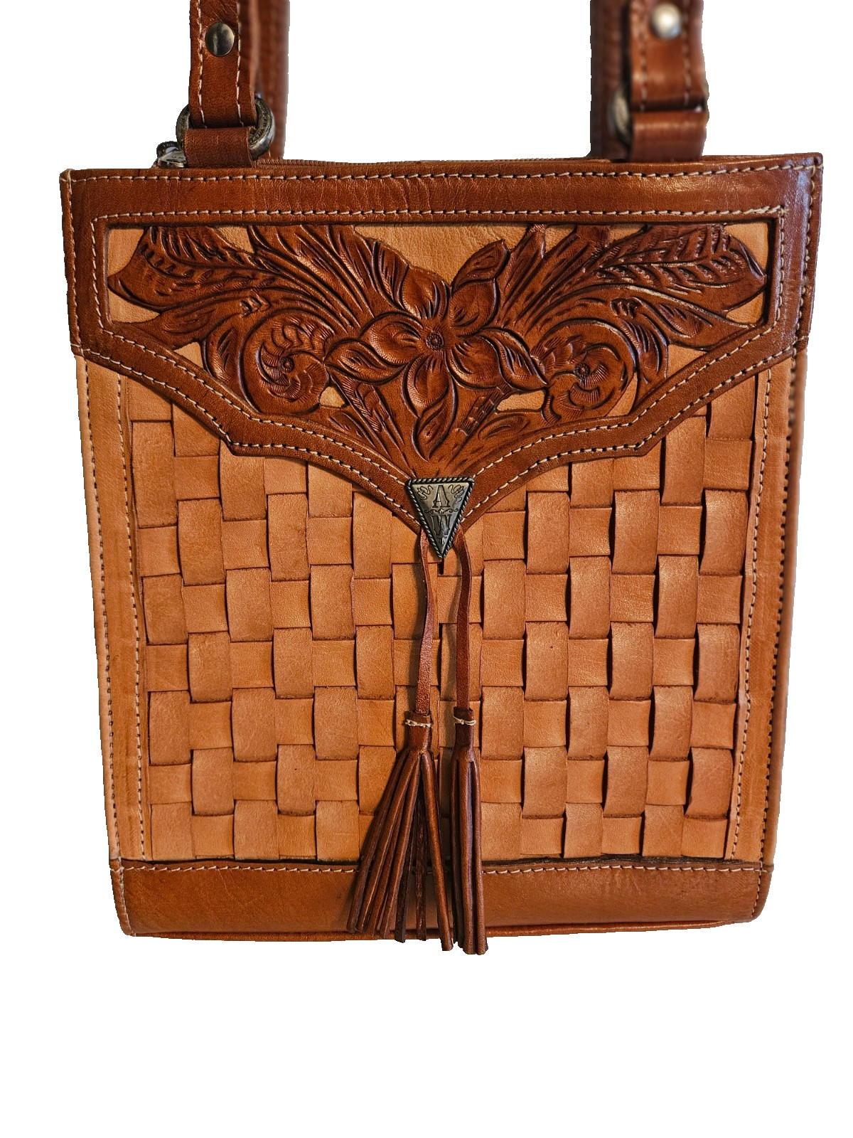 VINTAGE AMERICAN WEST Purse Hand Tooled Leather Satchel Handbag Basket Weave EUC