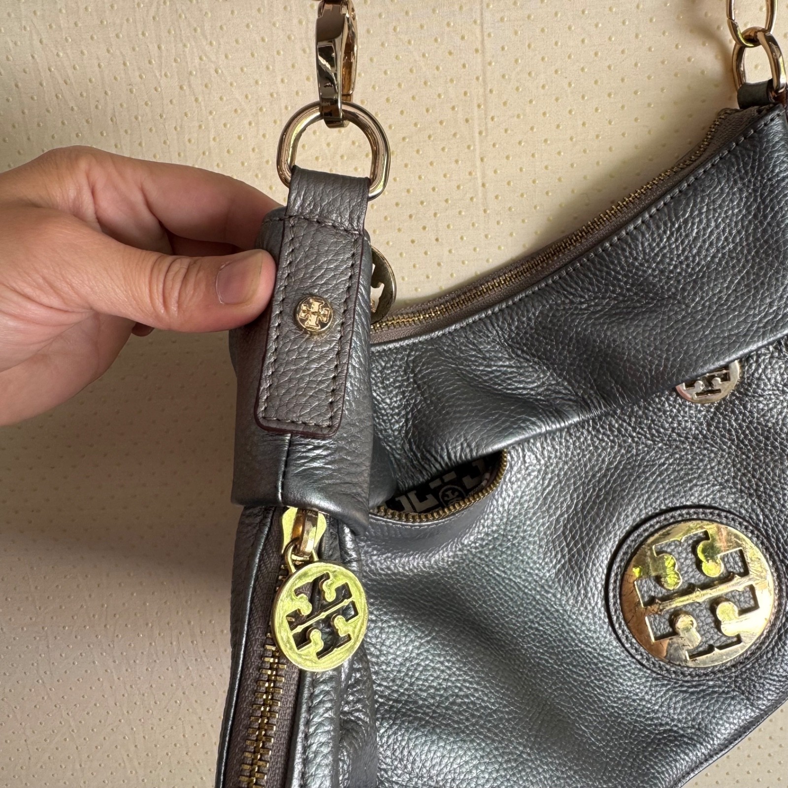 Tory Burch Dark Silver Pebbled Leather Shoulder Bag w/ Gold Accents