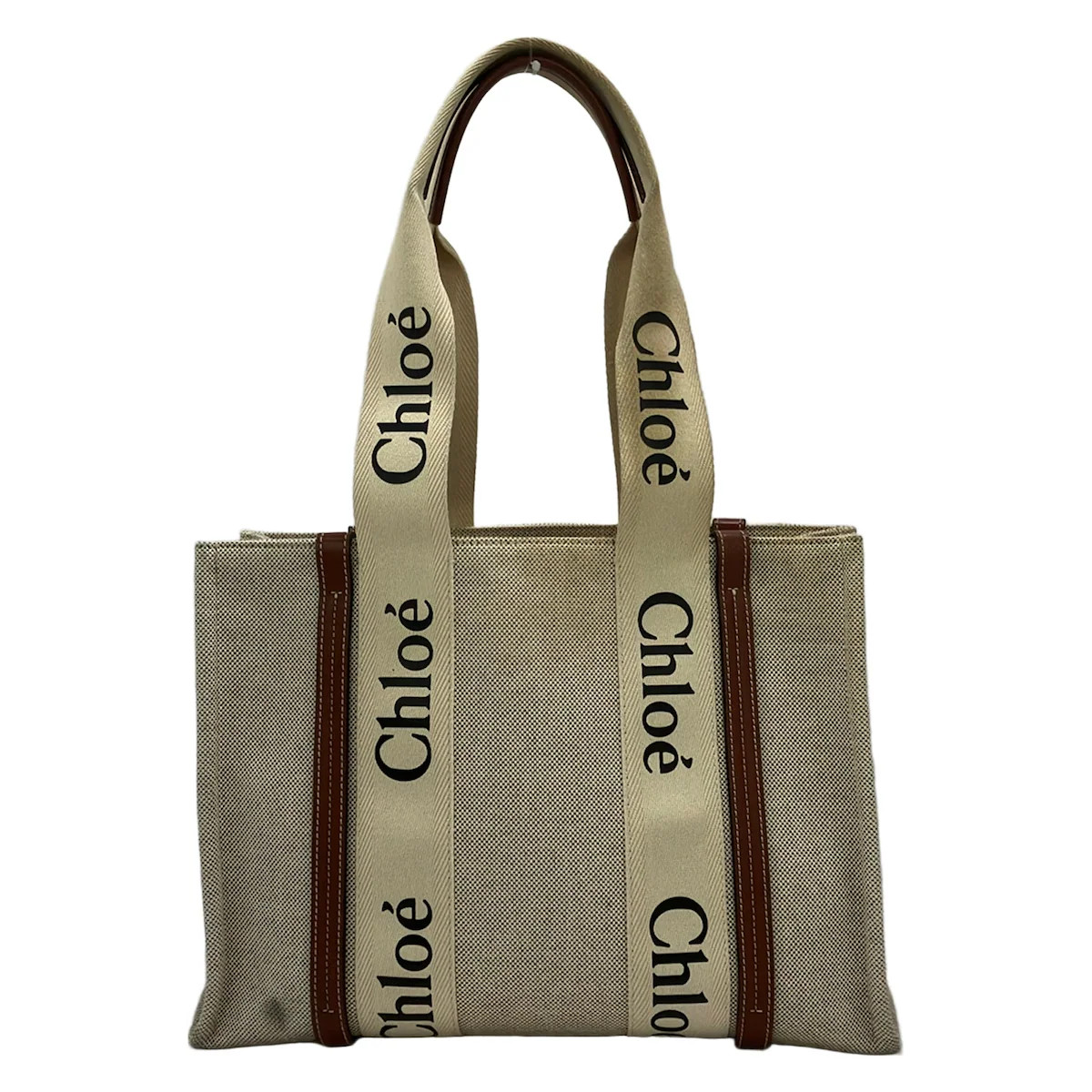 Chloe Woody Medium Tote Bag Cream Brown Canvas Leather Tote Bag