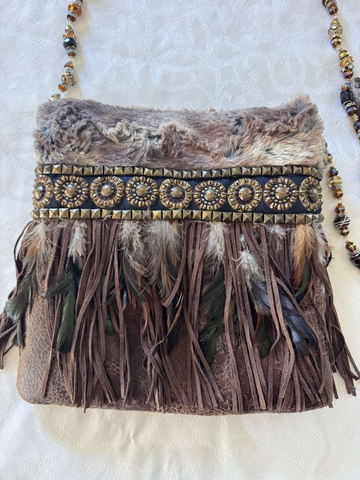 Handmade Boho Fringe Crossbody Purse Beaded Strap Faux Fur Feather Festival Bag