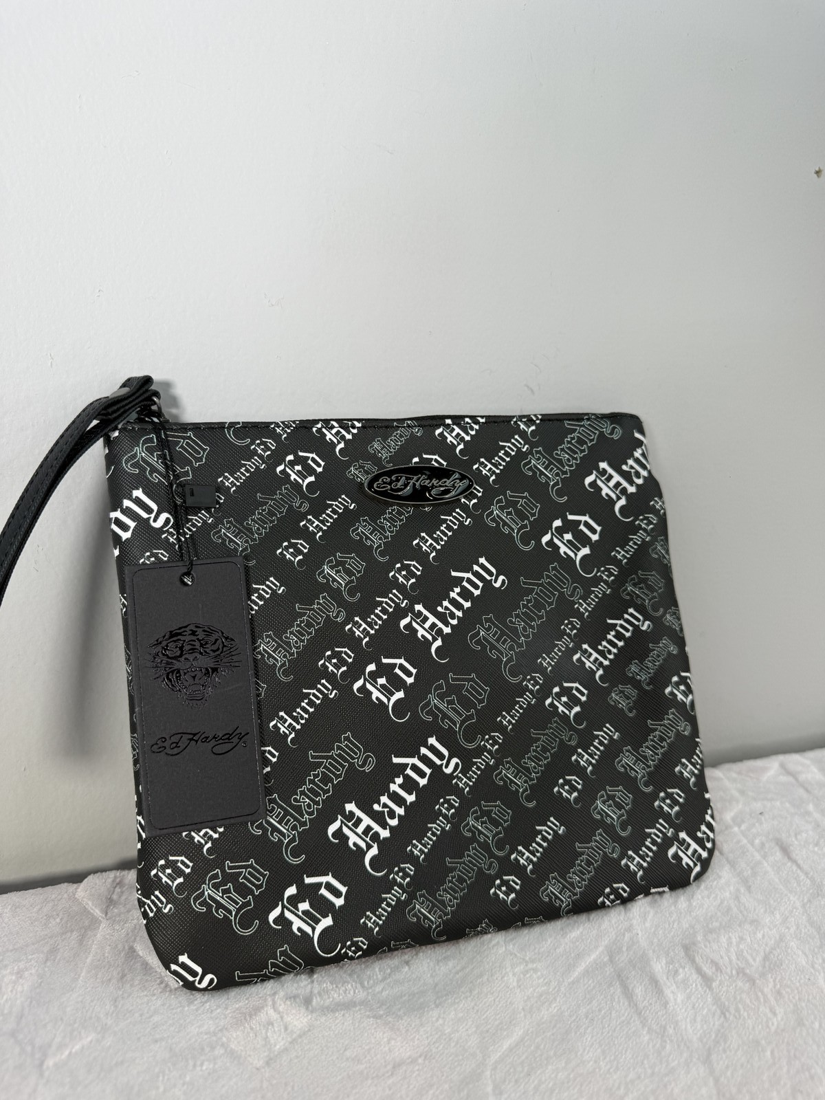 Ed Hardy black gothic monogram wristlet pouch