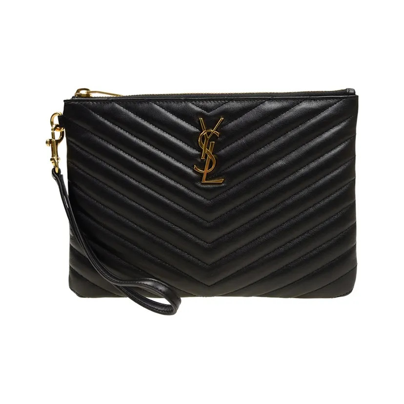 SAINT LAURENT YSL Monogram Leather Clutch Bag Regular Women Black 9.1×0.6×6.3 in