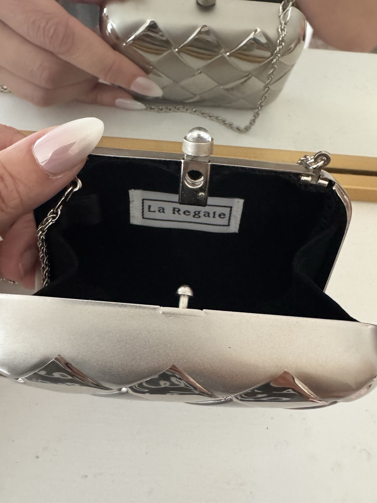 La Regale Silver Metallic Quilted Clutch w/ Chain Strap, Clasp Formal Bag