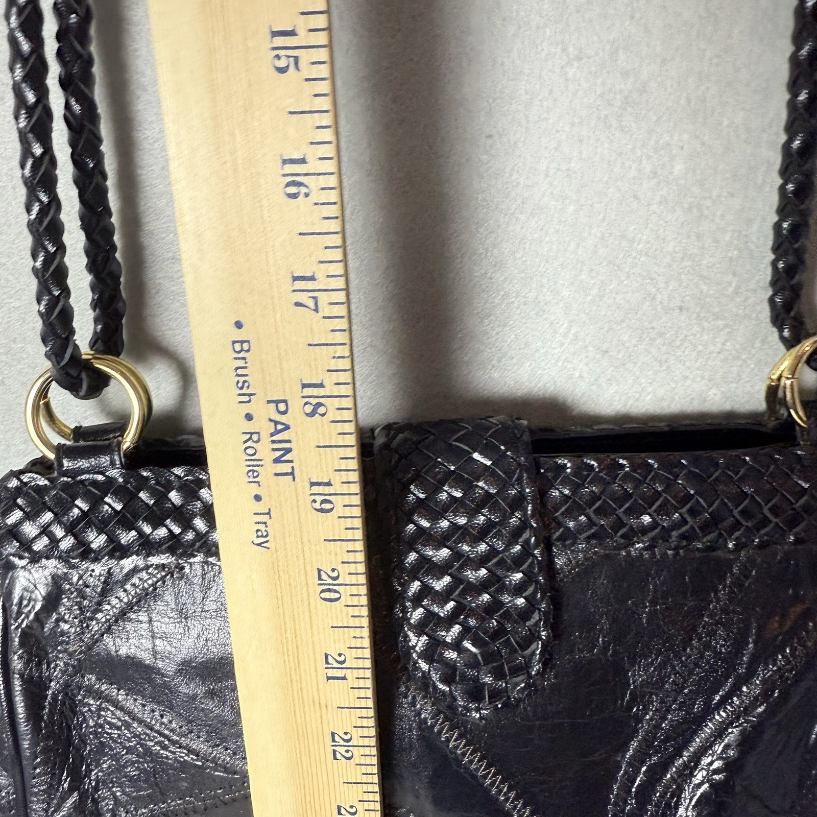 Vintage Warren Reed Black Faux Leather Woven Strap Snap Closure Shoulder Bag