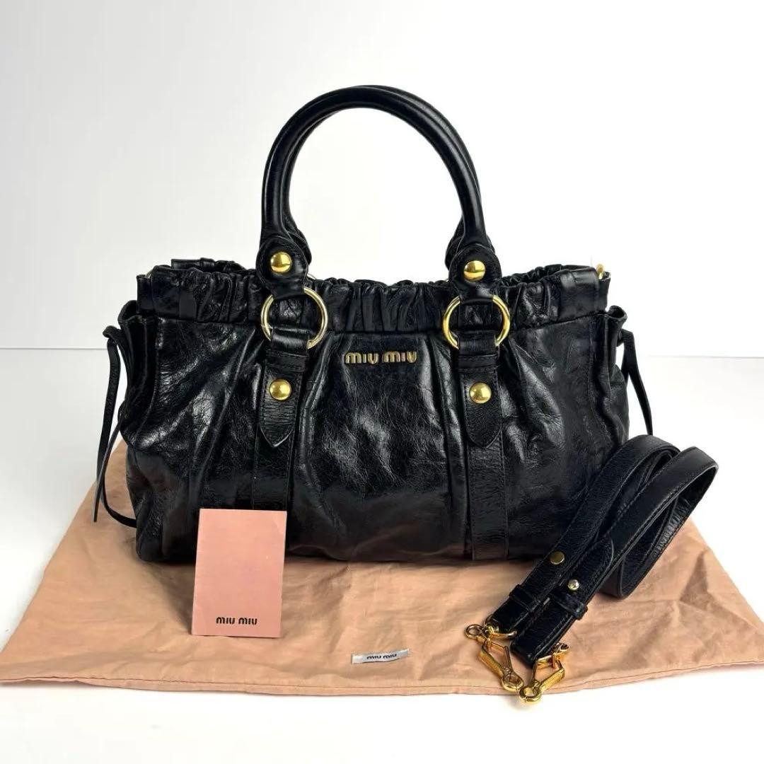Auth Miu Miu Vitello Lux 2Way Shoulder Hand Bag Black Leather Y2K e25