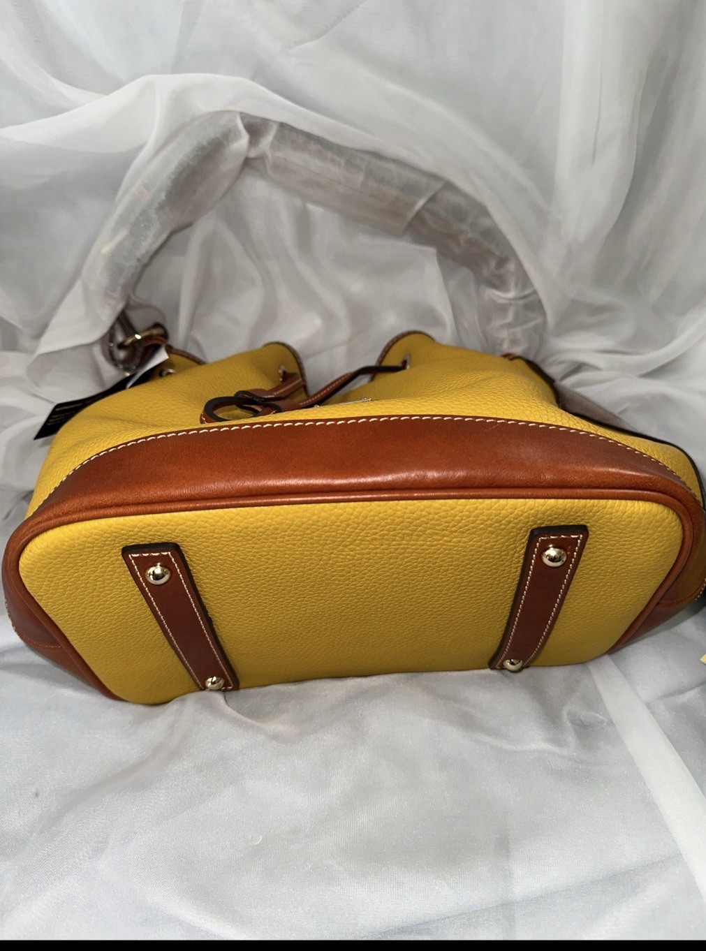 DOONEY & BOURKE ITALIAN LEATHER DRAWSTRING PEBBLED BAG MUSTARD/BRN BNWT