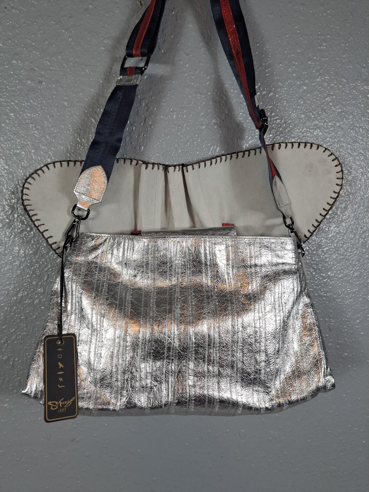 Sharif Legacy Eel Skin Leather Rocketed Top Zip Crossbody Bag Silver Red Blue