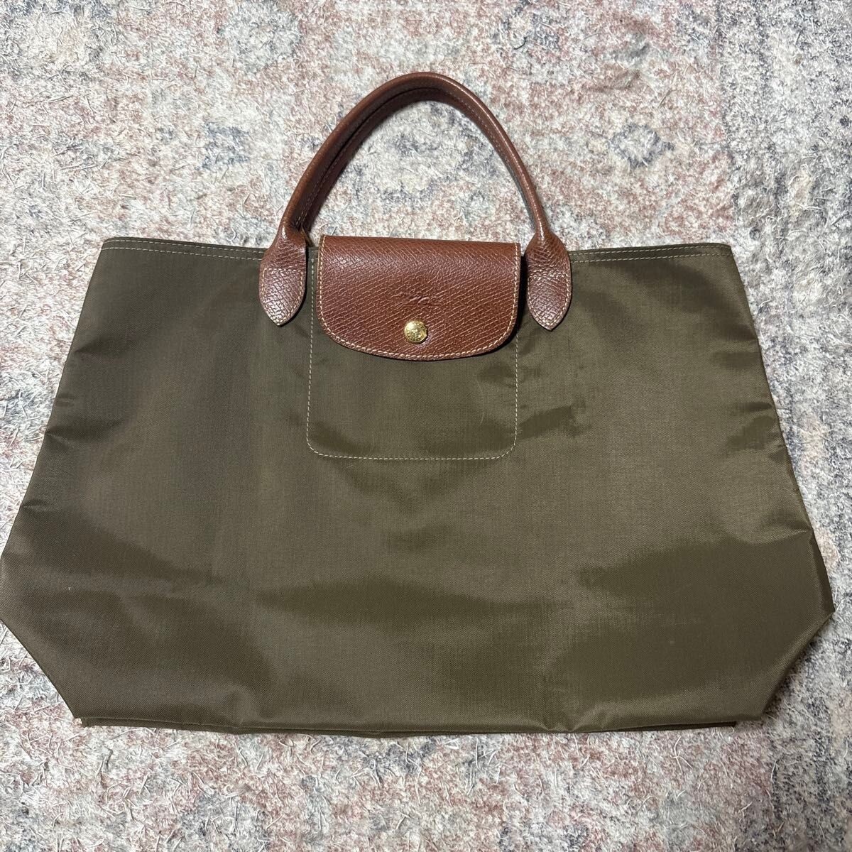Longchamp Le Pliage Khaki Nylon Tote Bag Medium Leather Handles Women’s Travel
