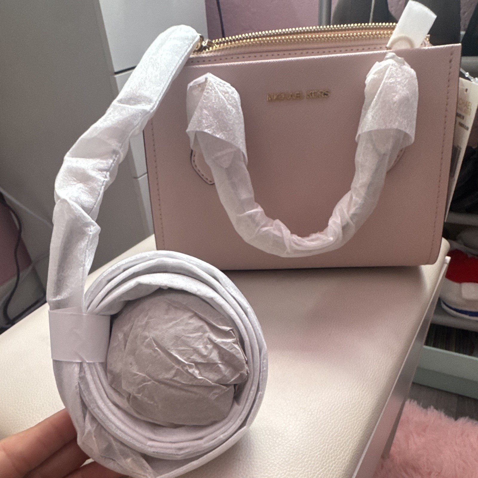 Michael Kors Small Satchel/Top Handle Bag Powder Blush Gold Detachable Strap