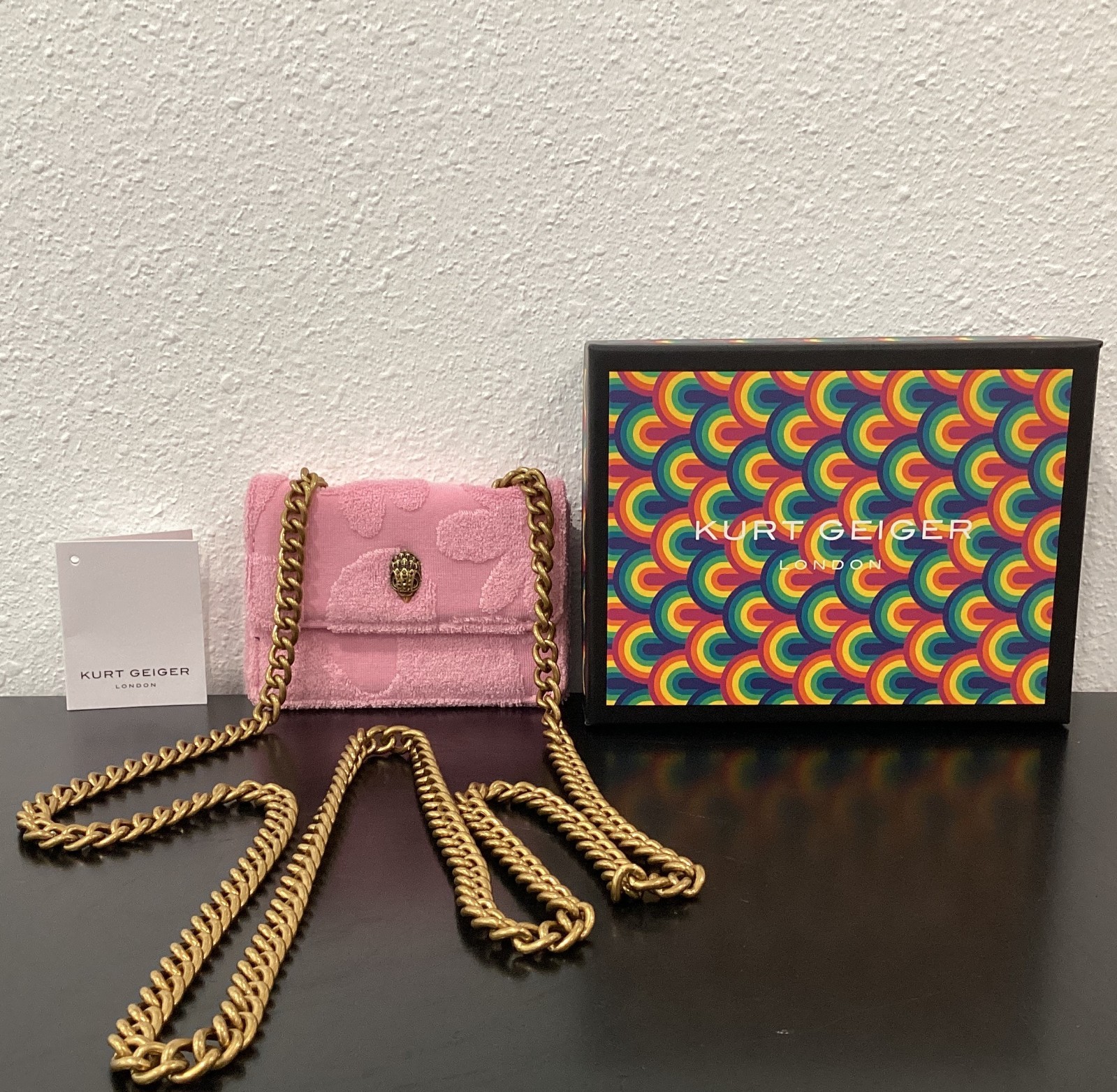 Kurt Geiger MICRO TINY 4.25″ x 3″ Pale Pink Terry Cloth Fabric Crossbody Flowers