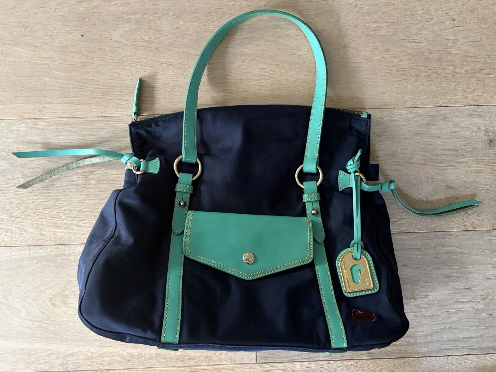 Dooney & Bourke Nylon Smith bag navy nylon mint green leather preppy classic