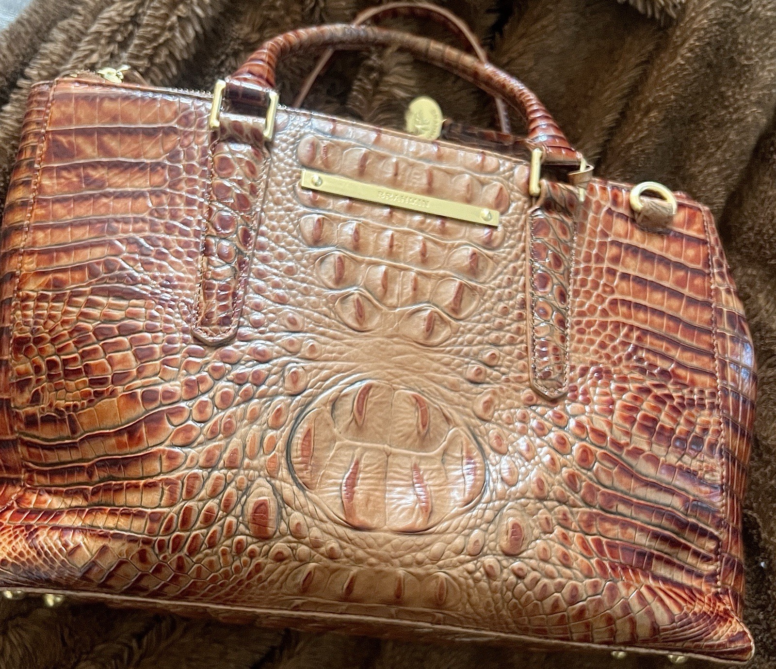 Brahmin Brown Crocodile Satchel Top Handle Zip w/ Bottom Studs Bag Charm