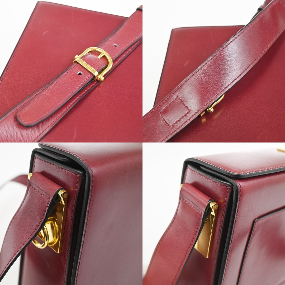 CELINE Logo Ring Shoulder Box Bag Leather Burgundy Italy GHW 38CA859