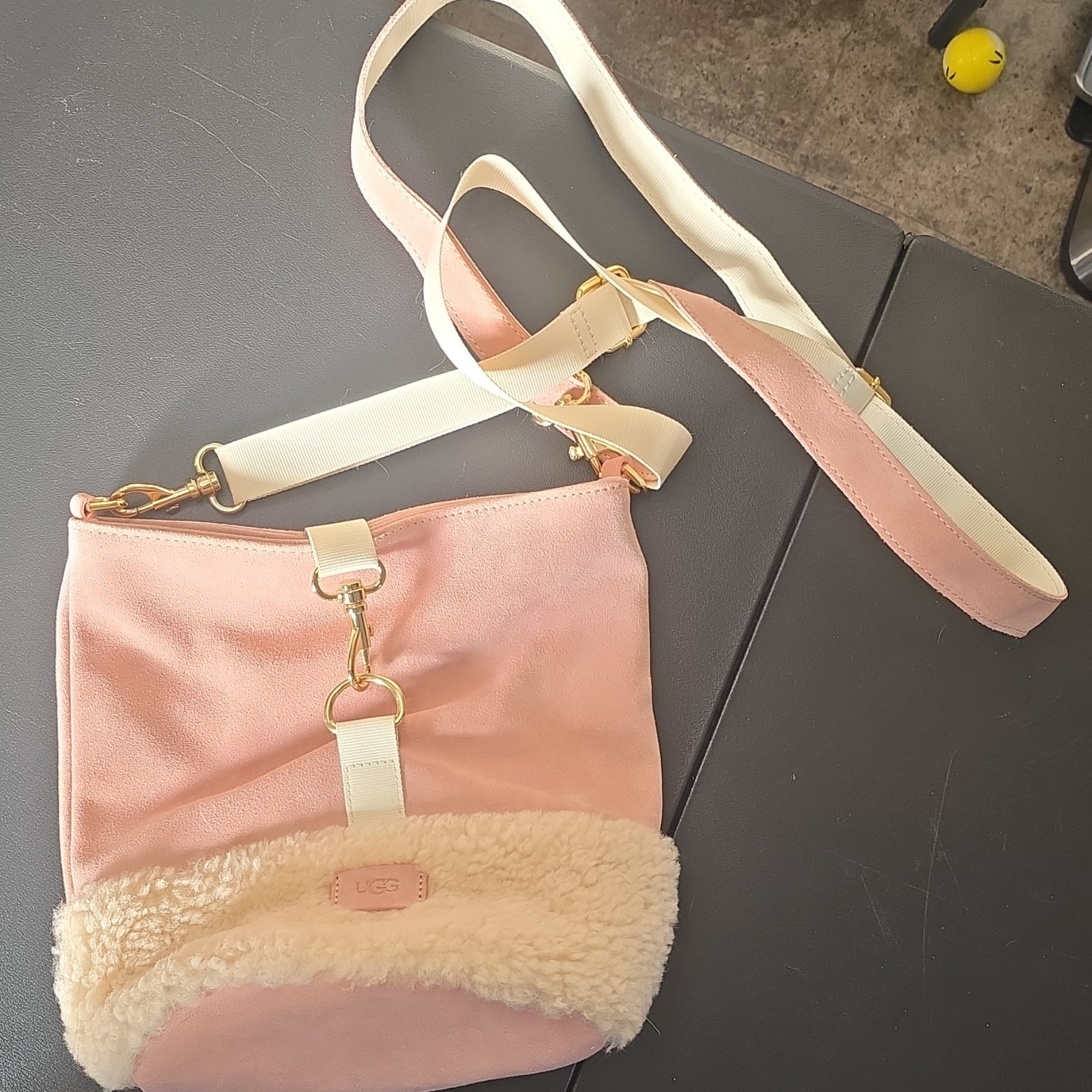 UGG Pink/Ivory Fur Trim Crossbody Bag, Zip, Adjustable Strap, Dust Bag