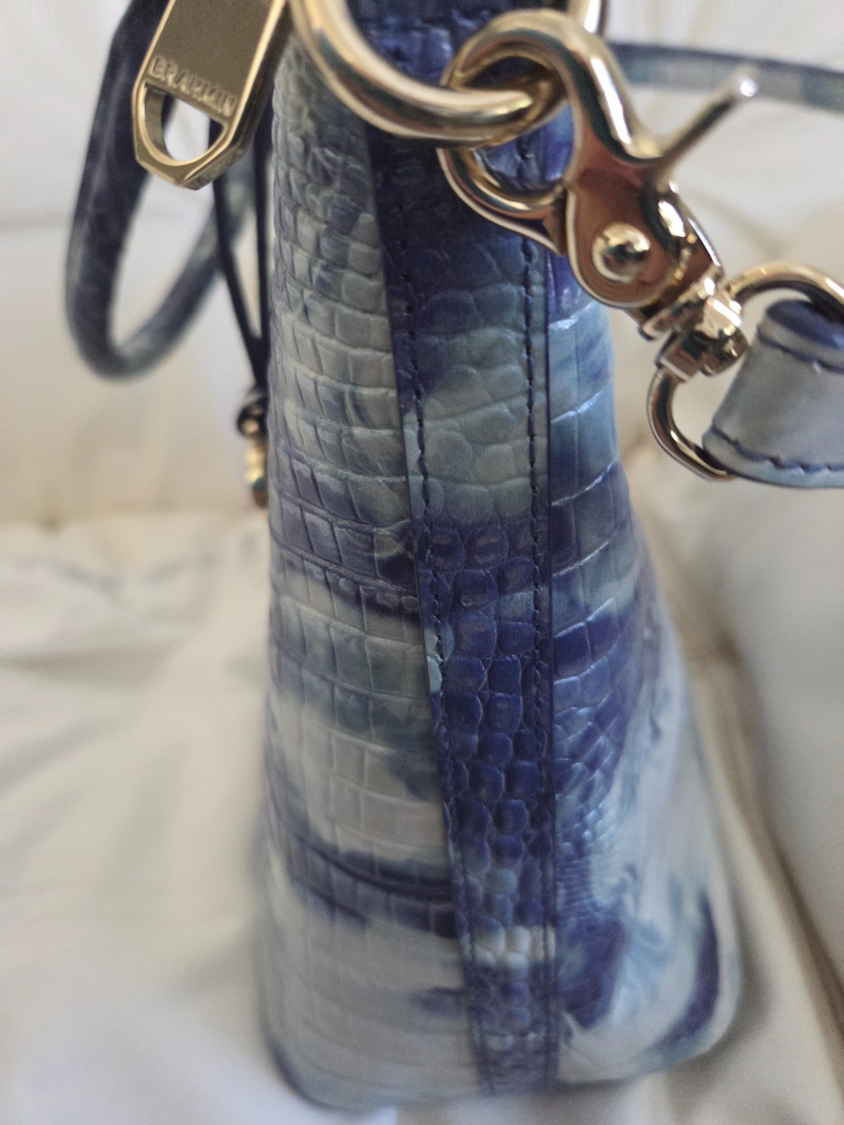 Brahmin blue & teal chambray melbourne large duxbury satchel EUC.