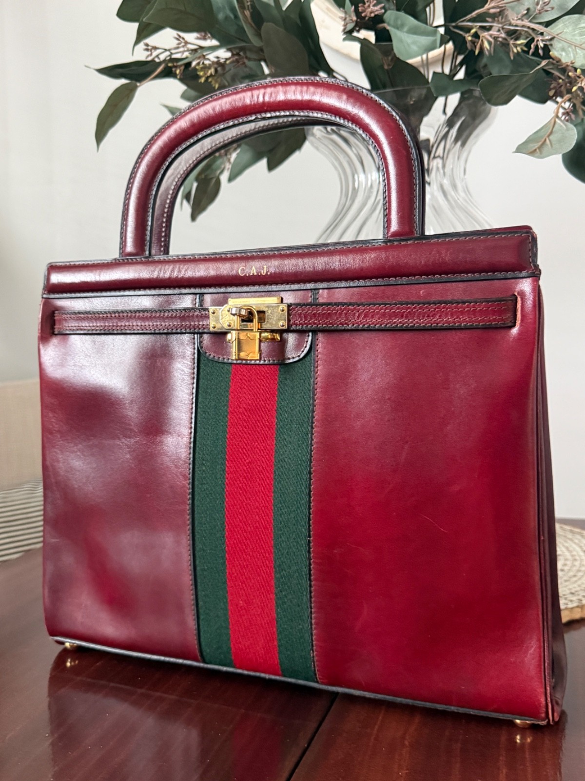 Vintage Oxblood Leather Top Handle Satchel Purse Lock & Key