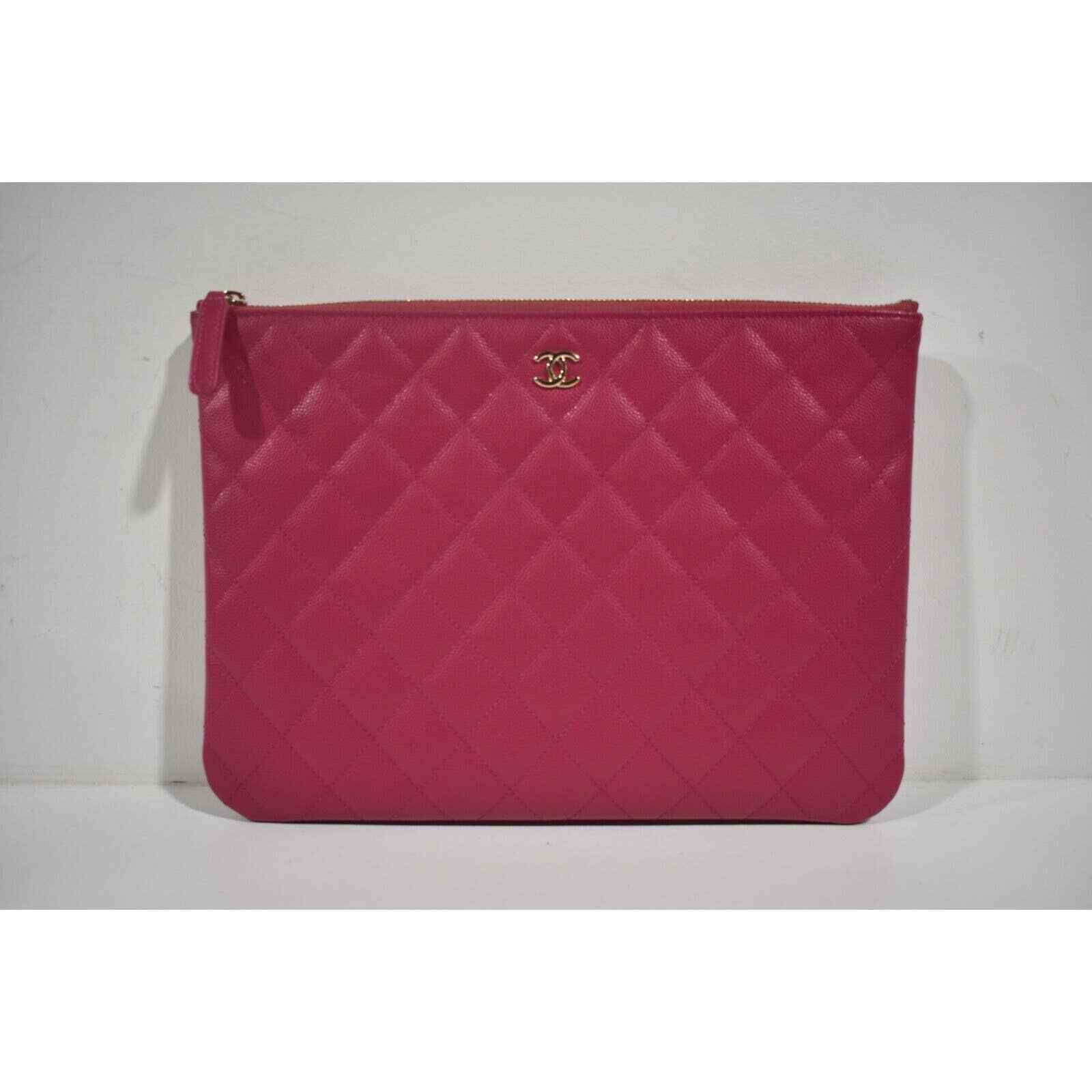 Chanel 22A Fuchsia Pink Caviar Classic Gold CC Zipper Pouch O Case Medium Bag
