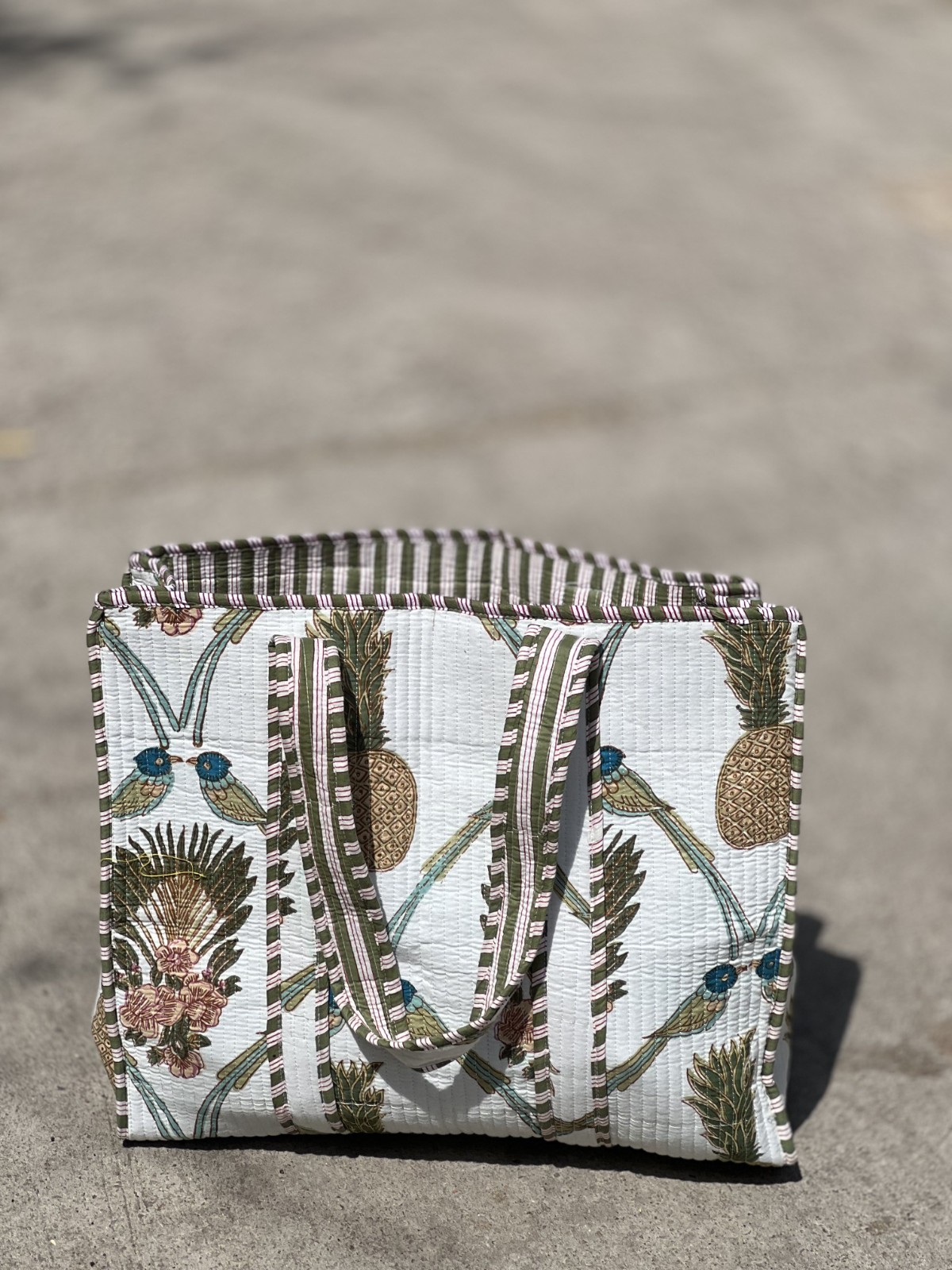 Handmade Quilted Cotton Tote Bag Tropical Bird Print Reversible Beach Shopper