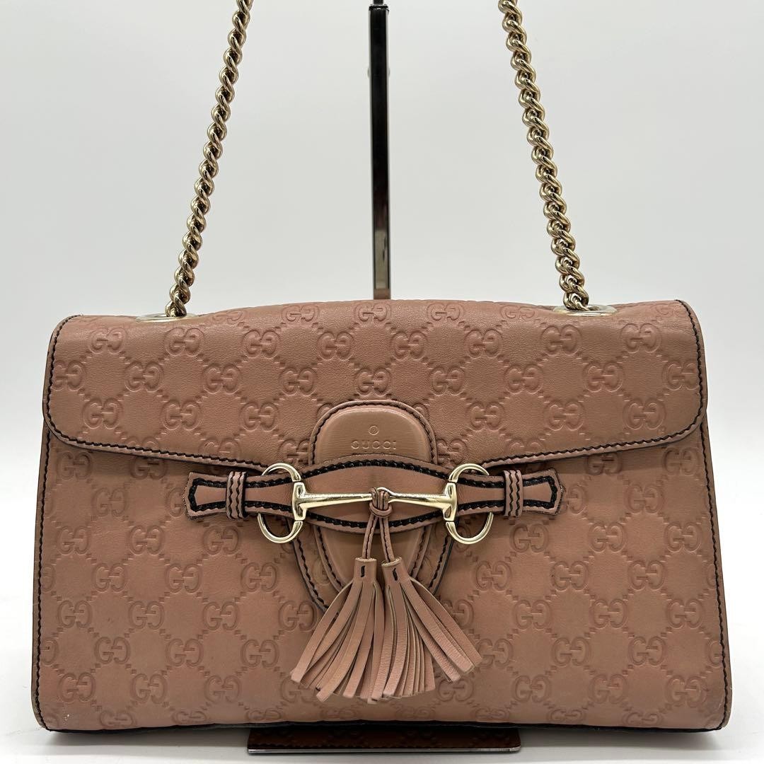 GUCCI Emily Guccissima Leather Chain Shoulder Bag Pink Horsebit Tassel Auth