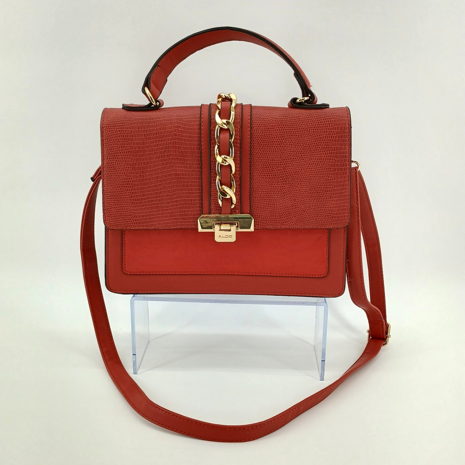 ALDO Red and Black Flap Satchel Cross Body Purse Gold Chain Trim AnnieBrook