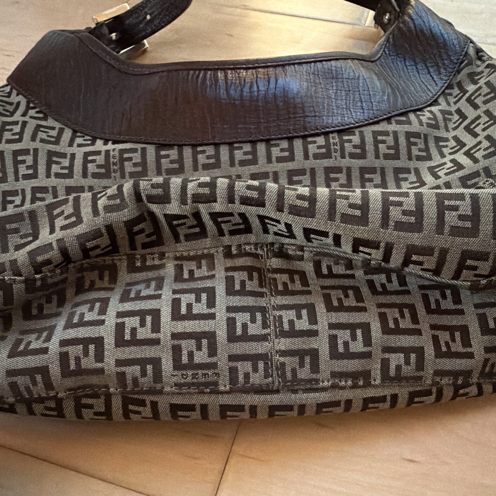 Fendi Brown/Beige Zucca Shoulder Bag, Gold Hardware, Buckle, Adjustable Strap