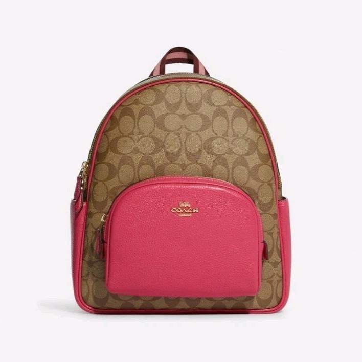 Coach Signature Logo Backpack Brown Pink Zip Closure Gold Hardware