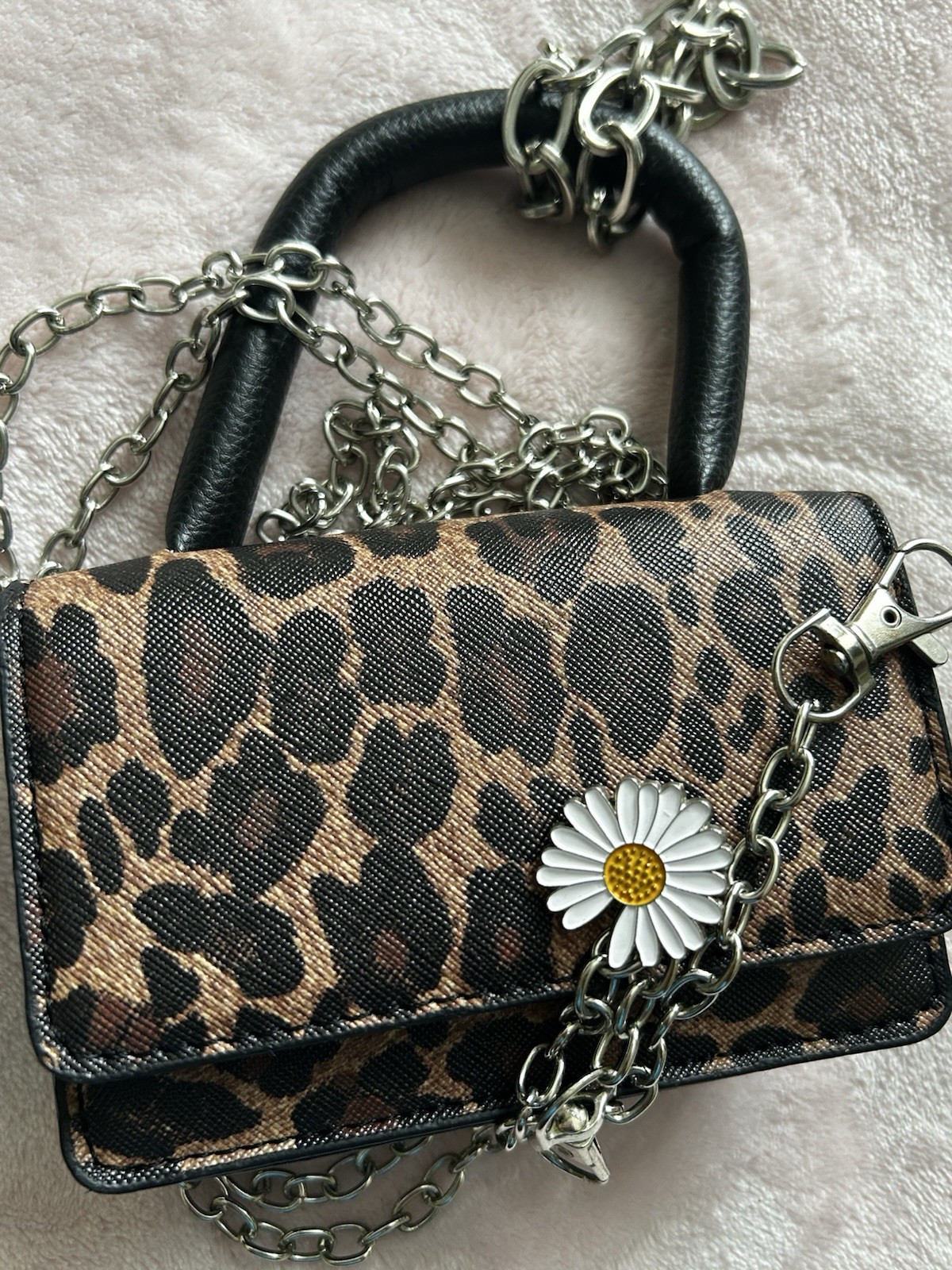 Leopard Print Mini Small Top Handle Bag w/ Detachable Chain Strap Daisy Charm