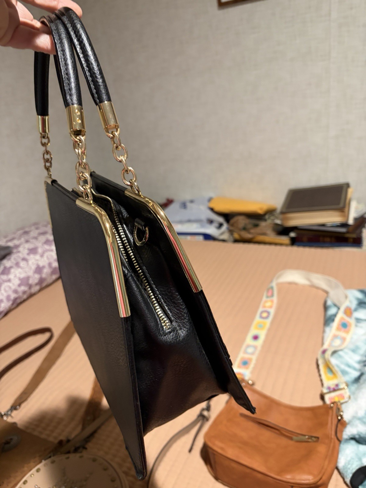 Gianni Bini Black/White Medium Satchel Top Handle Zip Gold Hardware Strap